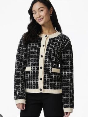 Yas Black and Cream Grid Knit Button-Front Cardigan NWT